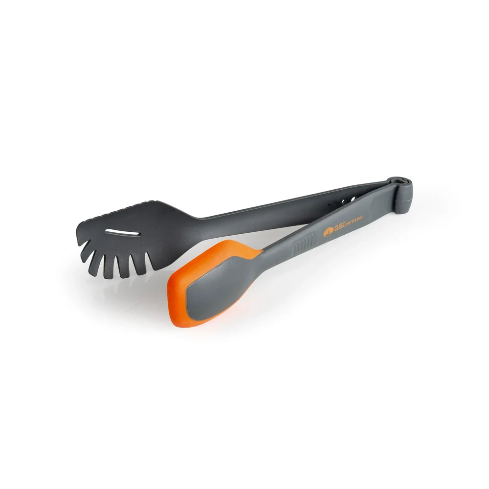  GSI Outdoors 3 in 1 food tongs for camping cooking utensil with spoon fork and spatula design open view
