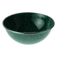 GSI Outdoors enamel mixing bowl in green speckle finish, showing classic camp-style speckled enamel coating and wide shallow bowl profile on white background