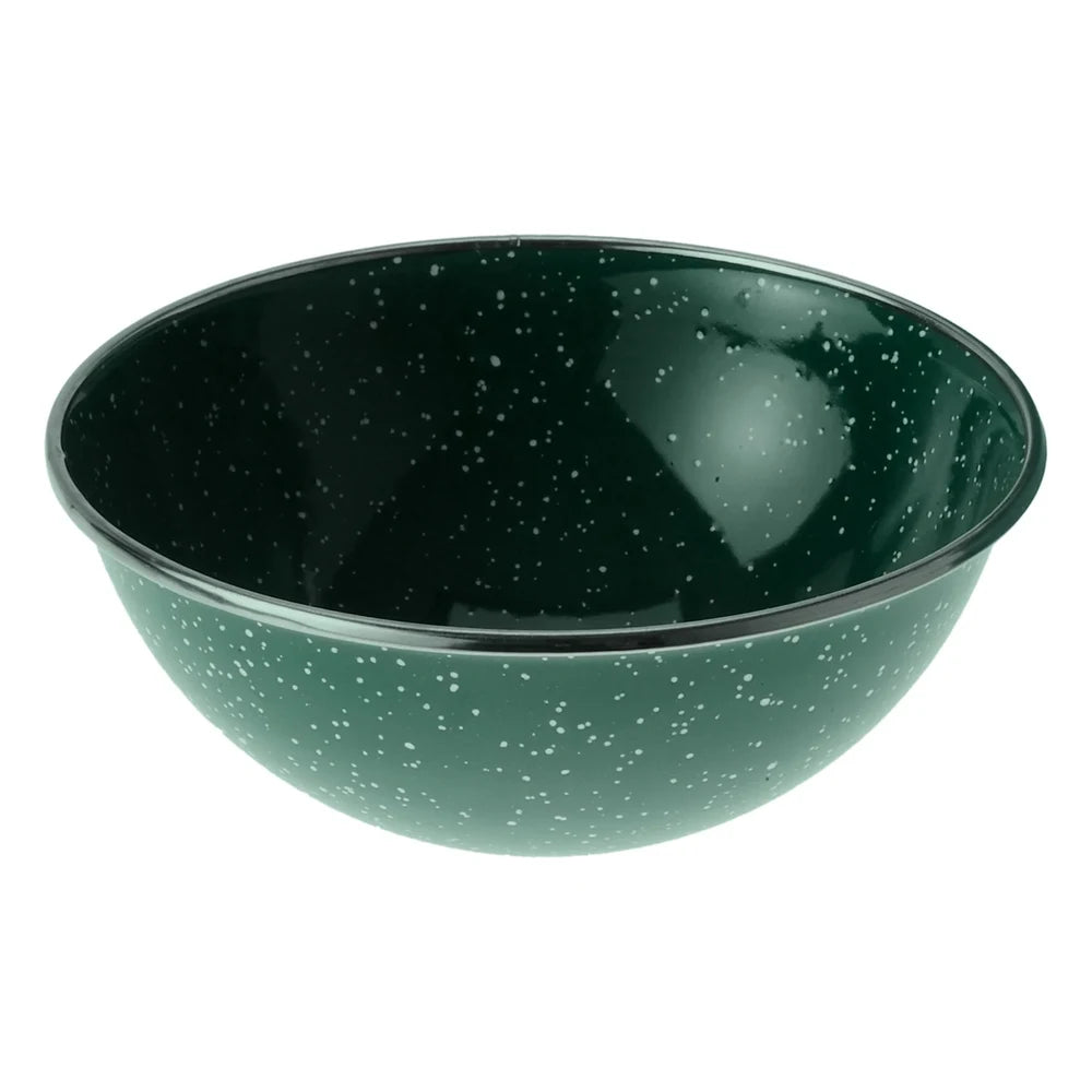 GSI Outdoors enamel mixing bowl in green speckle finish, showing classic camp-style speckled enamel coating and wide shallow bowl profile on white background