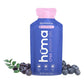 Huma Chia Energy Gel Blueberries flavor 1.5oz packet front hero on white background showing blue and purple packet with pink cap, Blueberries flavor name, Made with Real Fruit badge, h√ºma Chia Energy Gel branding, and Caffeine Free Vegan and Gluten Free icons, surrounded by fresh blueberries