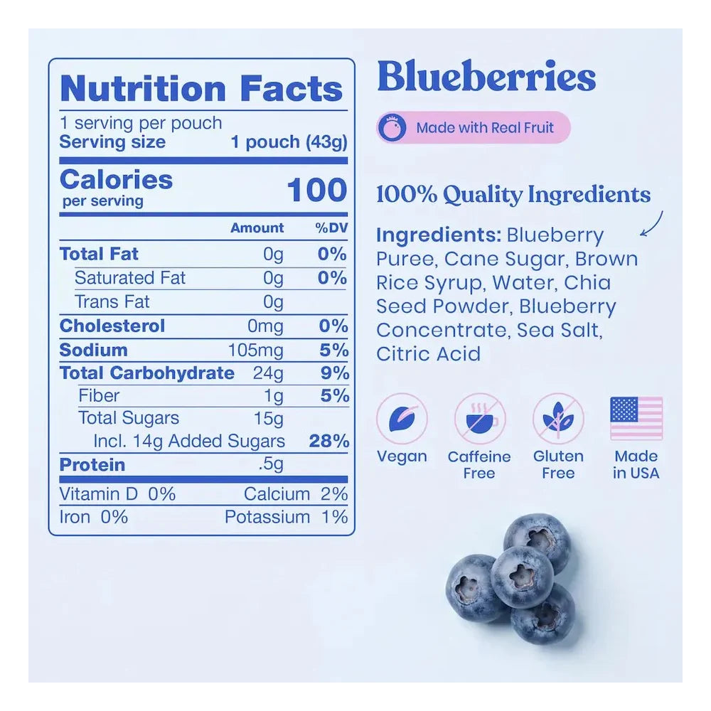 Huma Chia Energy Gel Blueberries nutrition facts and ingredients graphic showing 100 calories per 43g pouch, 0g fat, 24g total carbohydrates, 105mg sodium, 0.5g protein, full ingredients list including Blueberry Puree Cane Sugar Brown Rice Syrup Chia Seed Powder Blueberry Concentrate Sea Salt and Citric Acid, plus Vegan Caffeine Free Gluten Free and Made in USA icons