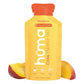 Huma Chia Energy Gel Mangoes flavor 1.5oz packet front hero on white background showing yellow gold packet with orange cap, Mangoes flavor name, Made with Real Fruit badge, h√ºma Chia Energy Gel branding, and Caffeine Free Vegan and Gluten Free icons, flanked by fresh mango slices