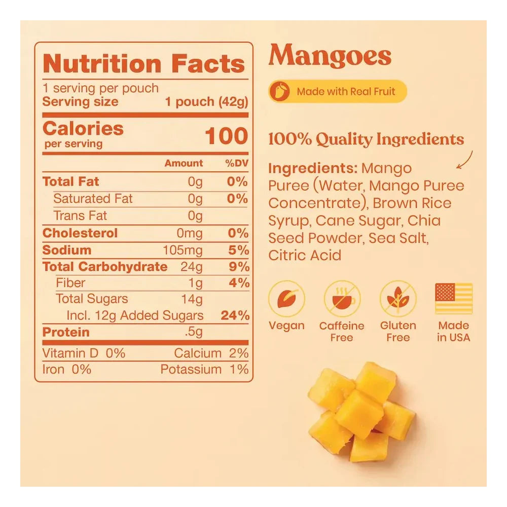 Huma Chia Energy Gel Mangoes nutrition facts and ingredients graphic showing 100 calories per 42g pouch, 0g fat, 24g total carbohydrates, 105mg sodium, 0.5g protein, full ingredients list including Mango Puree Brown Rice Syrup Cane Sugar Chia Seed Powder Sea Salt and Citric Acid, plus Vegan Caffeine Free Gluten Free and Made in USA icons