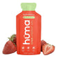 Huma Chia Energy Gel Strawberry flavor 1.5oz packet front hero on white background showing red packet with green cap, Strawberries flavor name, Made with Real Fruit badge, h√ºma Chia Energy Gel branding, and Caffeine Free Vegan and Gluten Free icons, flanked by fresh strawberries