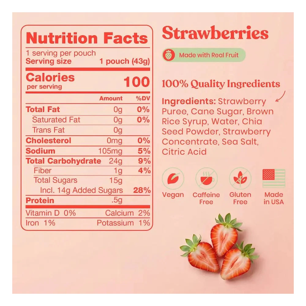 Huma Chia Energy Gel Strawberry nutrition facts and ingredients graphic showing 100 calories per 43g pouch, 0g fat, 24g total carbohydrates, 105mg sodium, 0.5g protein, full ingredients list including Strawberry Puree Cane Sugar Brown Rice Syrup Chia Seed Powder and Sea Salt, plus Vegan Caffeine Free Gluten Free and Made in USA icons