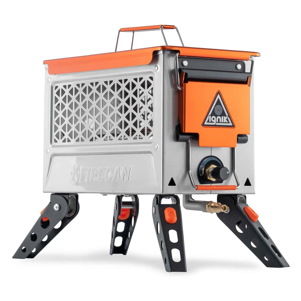 Control panel of Ignik Elite FireCan portable propane fire pit showing ignition dial and gas connection port