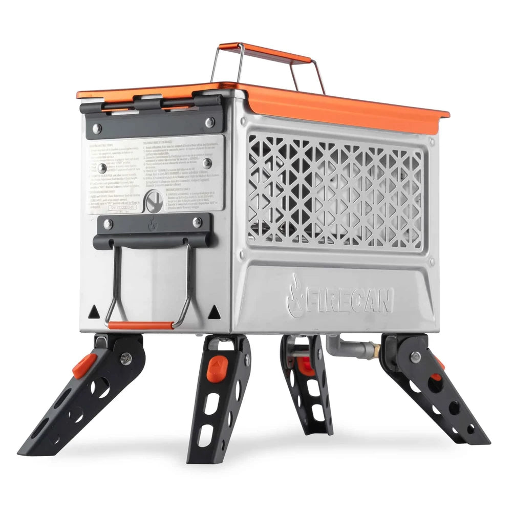 Angled view of Ignik Elite FireCan portable propane fire pit showing vented side panel and folding legs