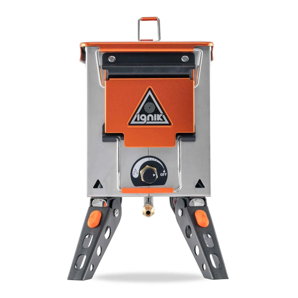 Ignik Elite FireCan portable propane fire pit rear view showing Ignik logo panel and flame control knob