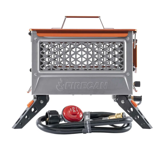 Ignik Elite FireCan portable propane fire pit front view with foldable legs and regulator hose on white background