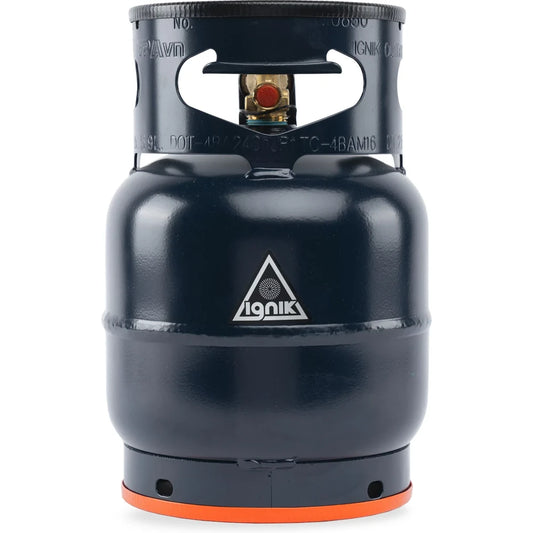 Ignik Propane Growler Tank portable refillable propane cylinder with carry handle and orange base shown on white background