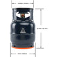Ignik Propane Growler Tank size diagram showing height and diameter measurements of the portable propane cylinder