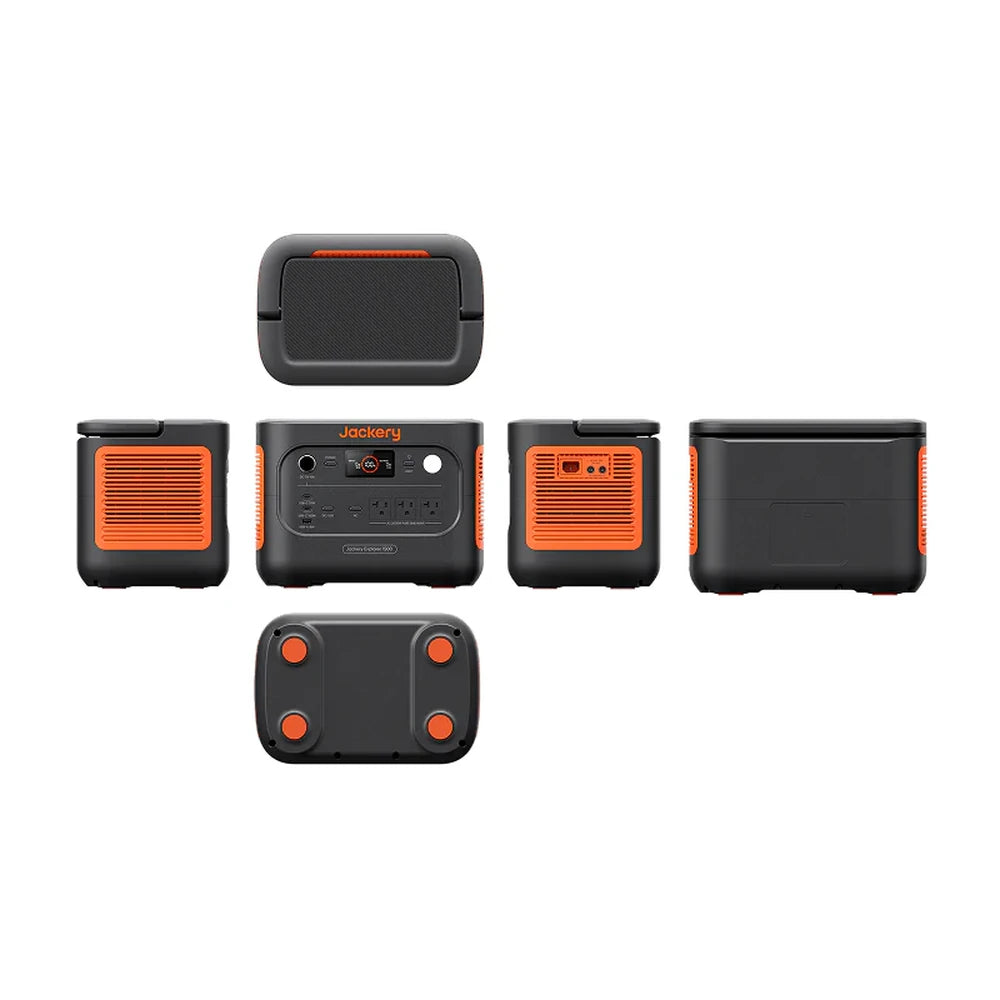Multiple angle layout of Jackery 1500 V2 portable power station showing top bottom and side details