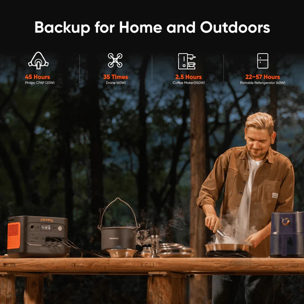 Jackery 1500 V2 powering outdoor cooking setup on wooden table with appliances in forest setting