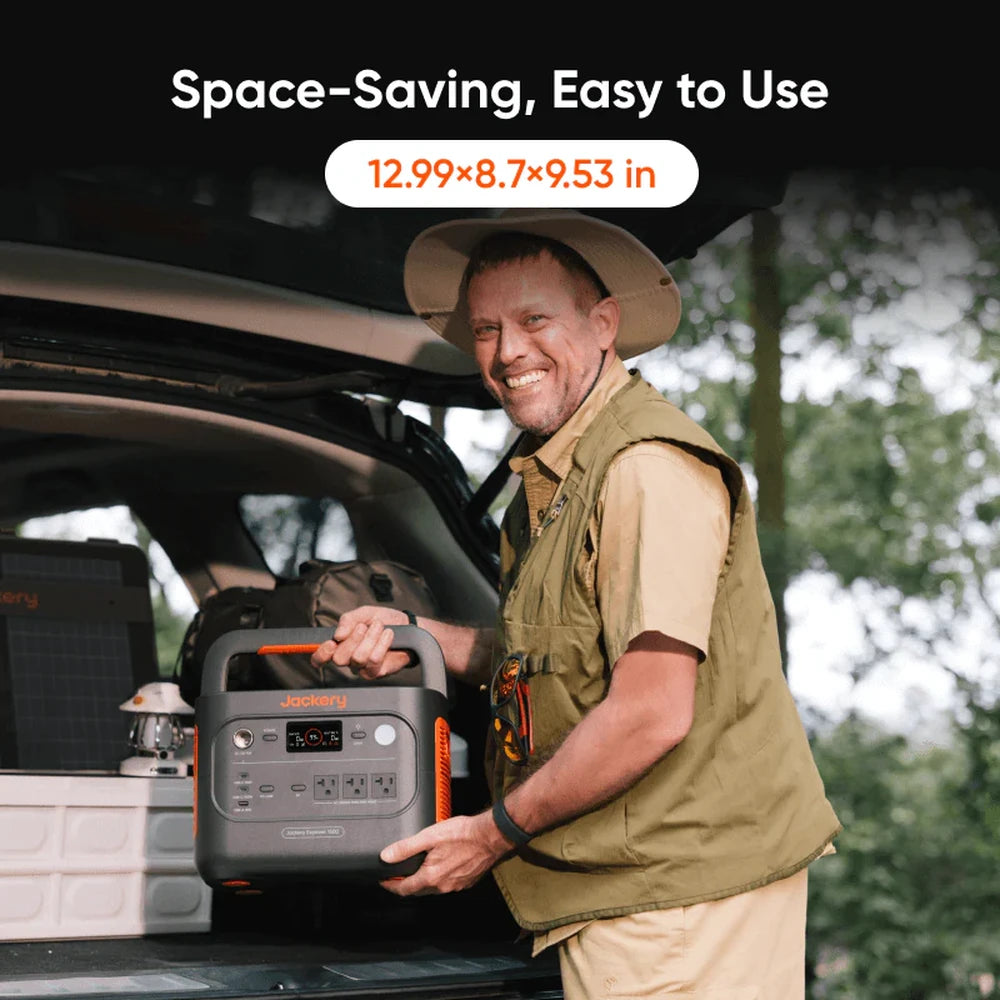 Person carrying Jackery 1500 V2 portable power station from vehicle showing compact portable design