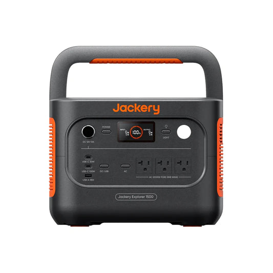 Jackery 1500 V2 portable power station front view showing display screen ports and carry handle