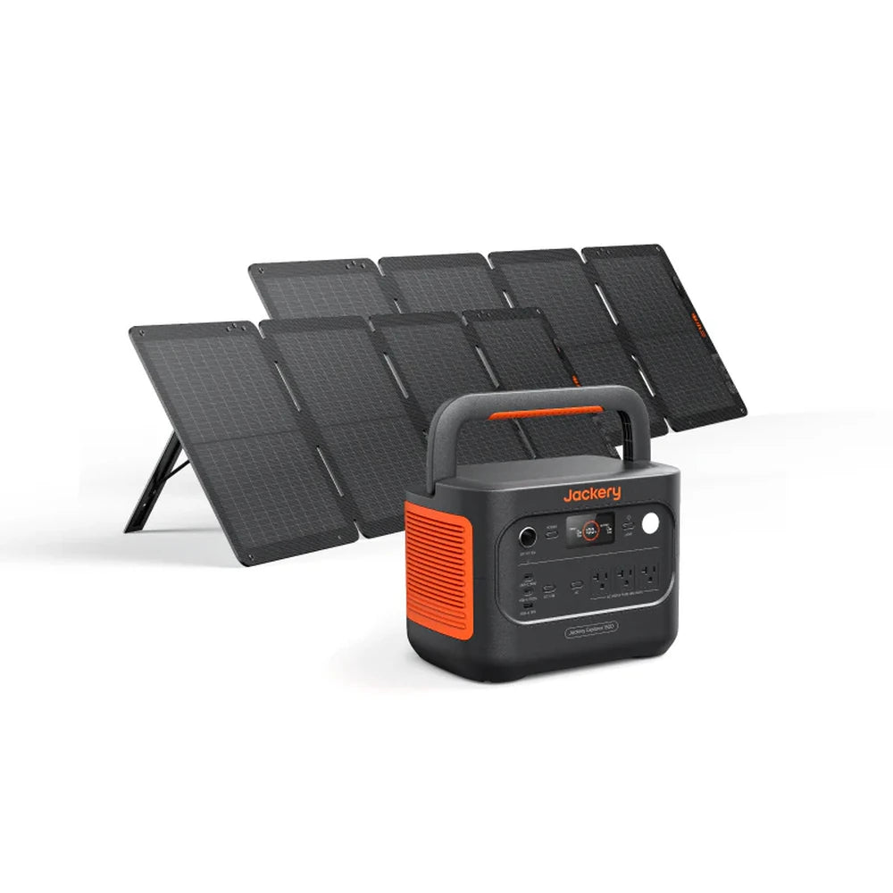 Jackery 1500 V2 portable power station connected to foldable solar panels for outdoor charging