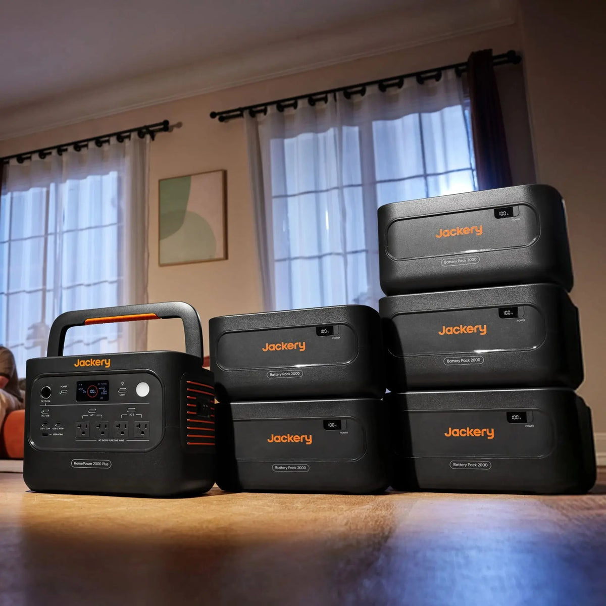 Jackery Battery Pack 2000 expansion stack in a living room