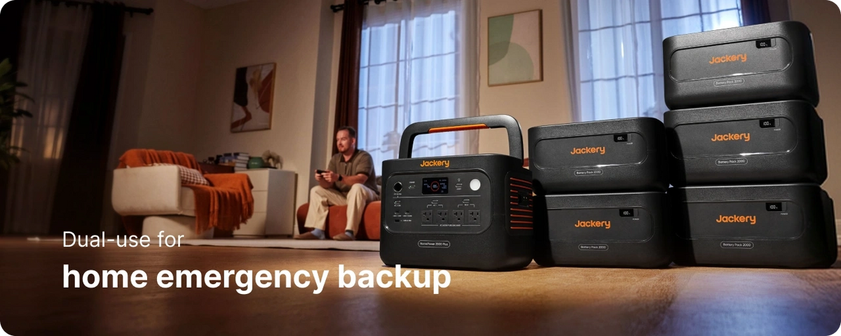 Jackery HomePower 2000 Plus v2 and four Battery Pack 2000 Plus v2 units in a living room for home backup