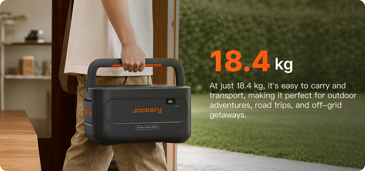 Person carrying the 18.4 kg Jackery Battery Pack 2000 Plus v2 by its handle out an open patio door