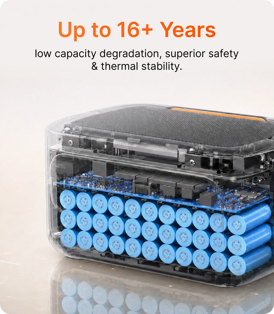 Cutaway of the Jackery Battery Pack 2000 Plus v2 showing its LiFePO4 cells, rated for up to 16+ years