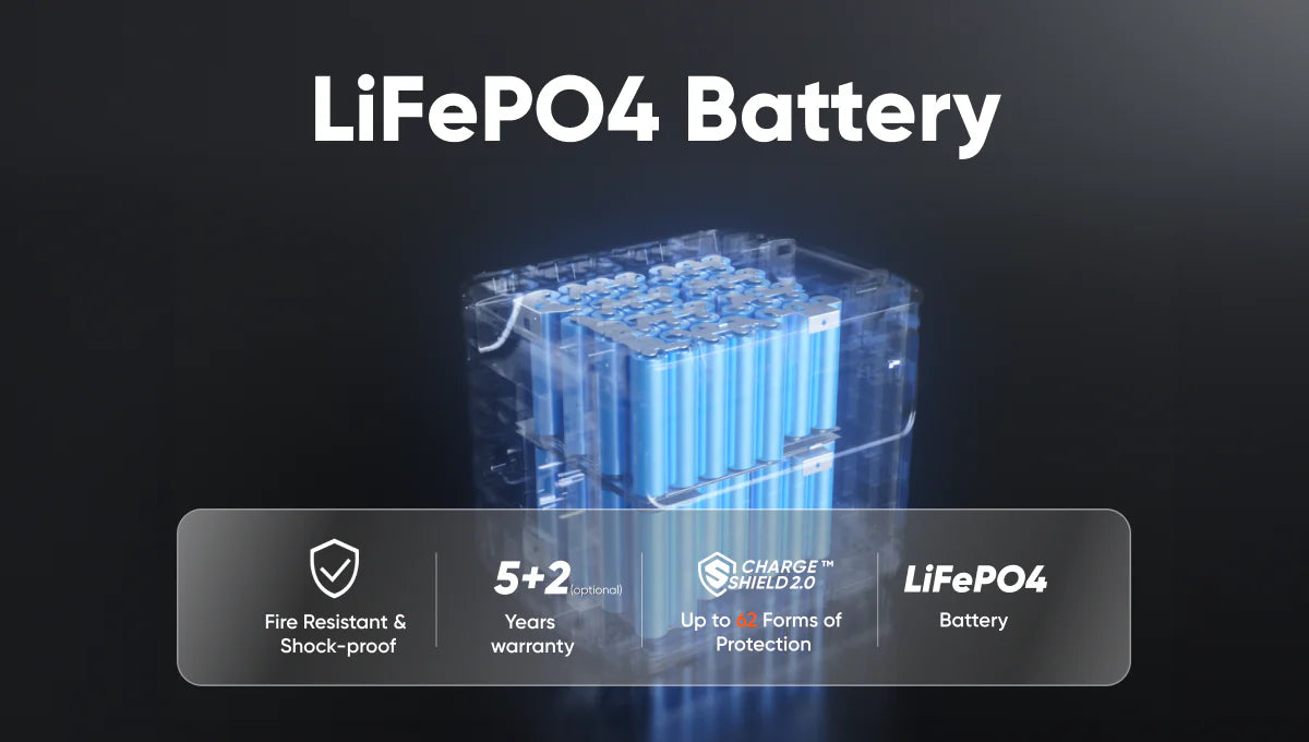 Long-lasting LiFePO4 battery with fire-resistant, shock-proof design and smart protection.