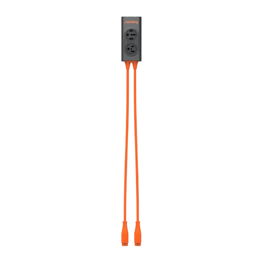 Jackery Connector with dual AC outlets and two orange cables, shown on a white background
