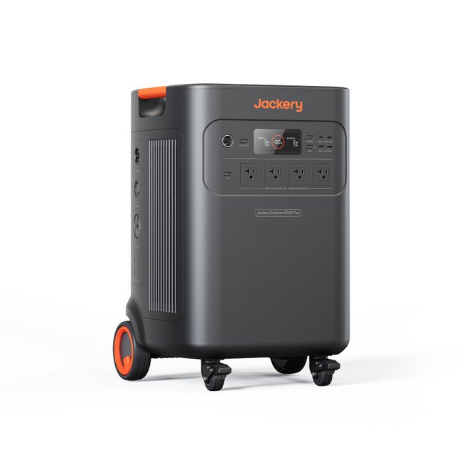 Side view of Jackery Explorer 5000 Plus portable power station showing AC output ports and cooling vents.