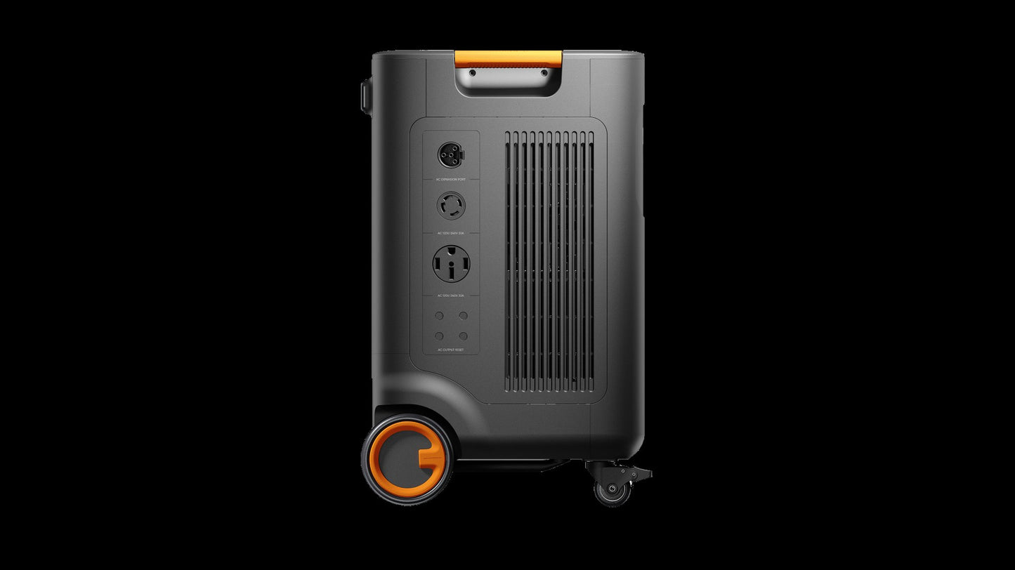 Side view of Jackery Explorer 5000 Plus portable power station showing AC output ports and cooling vents.