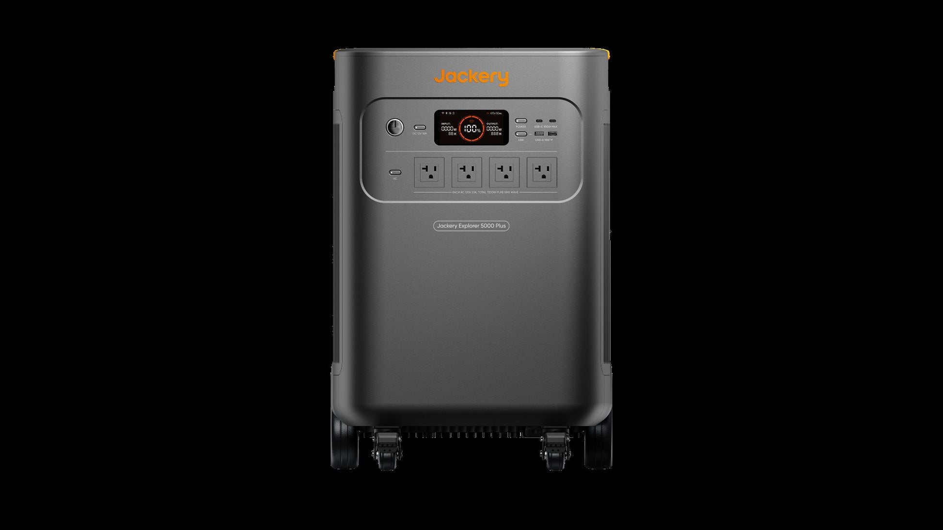 Jackery Explorer 5000 Plus front view with digital display and multiple AC outlets.