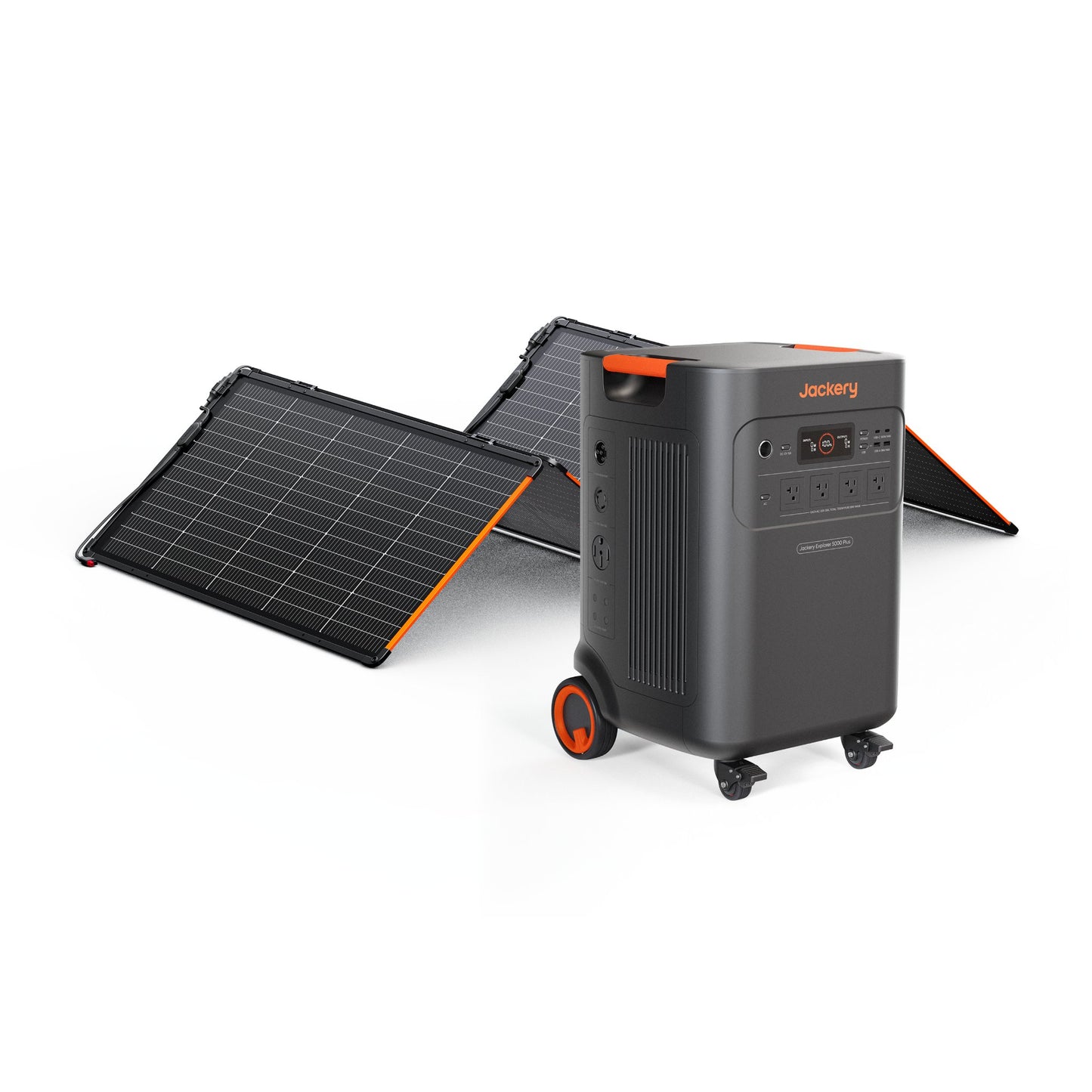 Jackery Explorer 5000 Plus paired with a SolarSaga 340W panel for off-grid power generation.