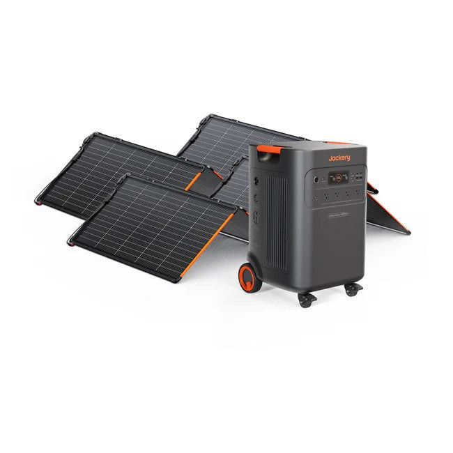 Jackery Explorer 5000 Plus paired with two SolarSaga 340W panels for off-grid power generation.