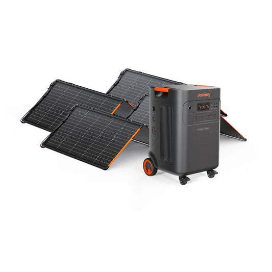 Jackery Explorer 5000 Plus paired with two SolarSaga 340W panels for off-grid power generation.