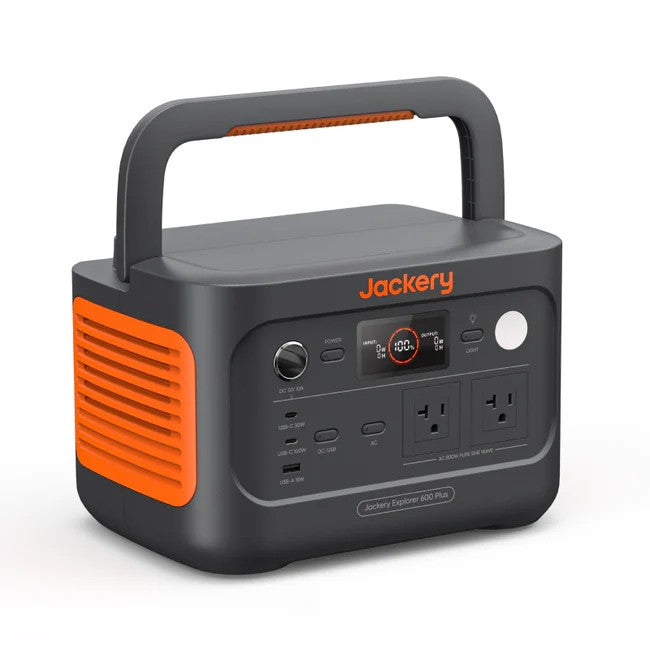 Front angled view of the Jackery Explorer 600 Plus portable power station.