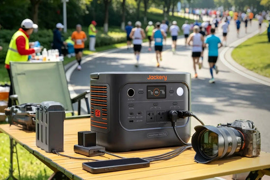 Jackery HomePower 1000 Plus v2 charging a camera, phone and drone batteries at a marathon aid station
