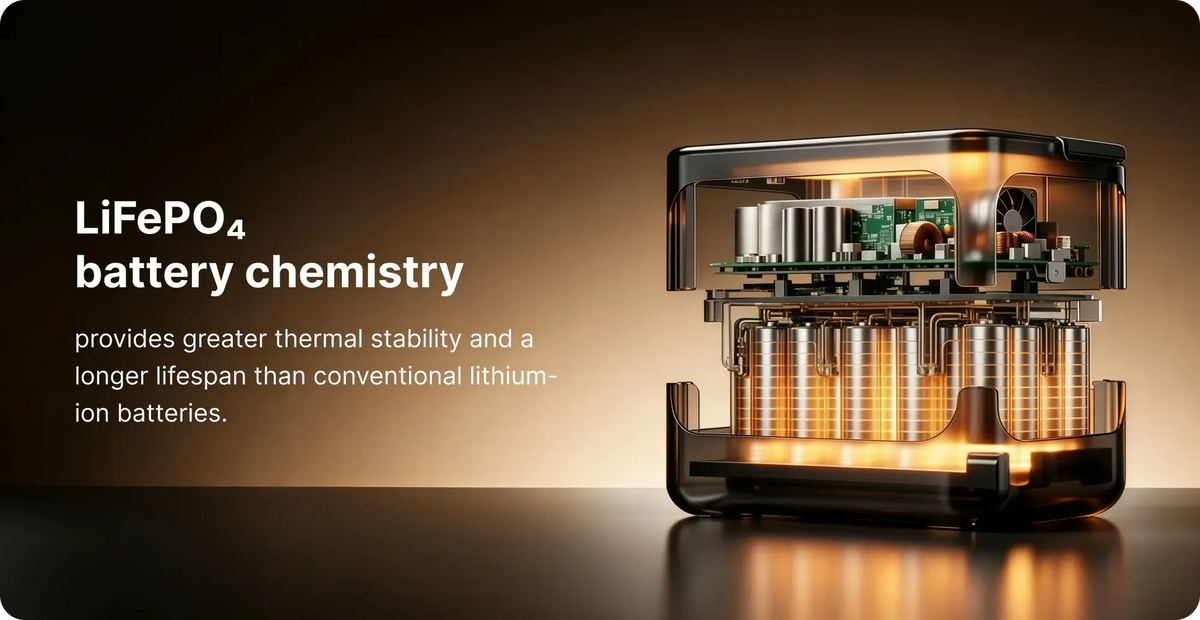 Cutaway of the Jackery HomePower 1000 Plus v2 showing its LiFePO4 battery cells and internal electronics