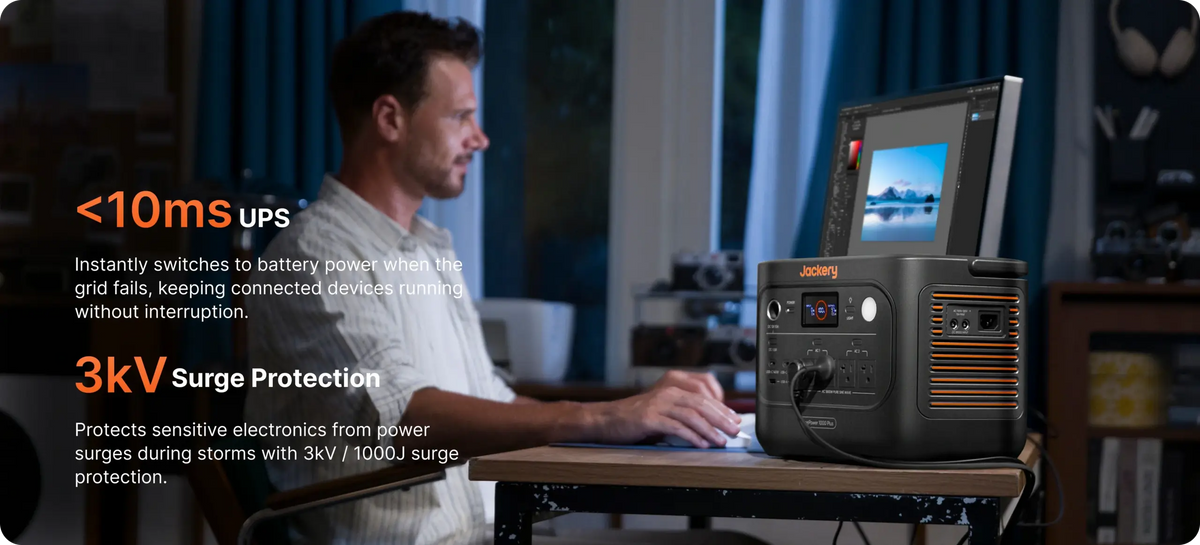 Man editing photos at his desk with the Jackery HomePower 1000 Plus v2 providing UPS backup and surge protection