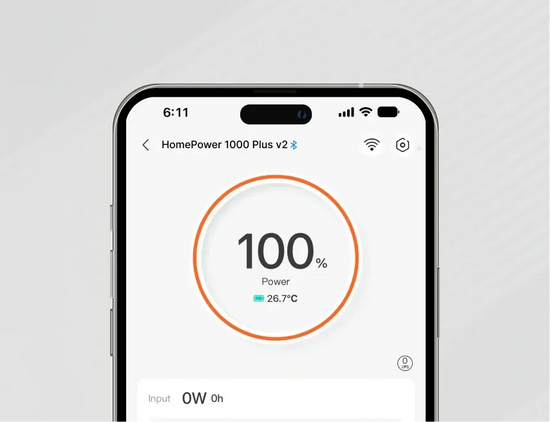 Jackery app screen showing the HomePower 1000 Plus v2 at 100% battery