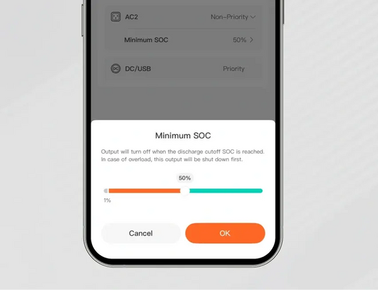 Jackery app setting a 50% minimum battery level for a non-priority AC outlet on the HomePower 1000 Plus v2