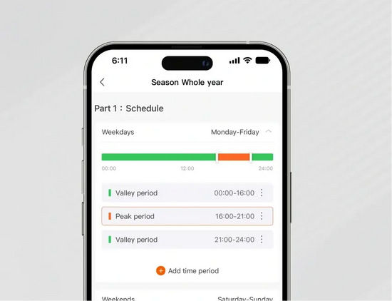 Jackery app Time-of-Use schedule for the HomePower 1000 Plus v2 showing weekday valley and peak rate periods
