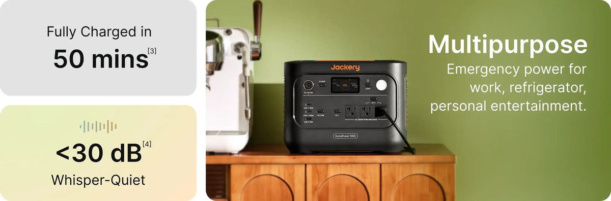 Jackery HomePower 1000 v2 on a sideboard with tiles for 50-minute full charging and under 30 dB quiet operation