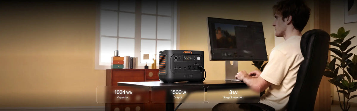 Jackery HomePower 1000 v2 on a home office desk beside a man editing photos, with 1024Wh, 1500W and 3kV callouts