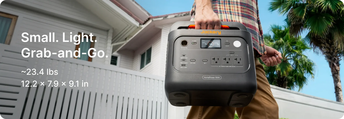 Person carrying the Jackery HomePower 1000 v2 by its handle outside a house, with its weight and dimensions