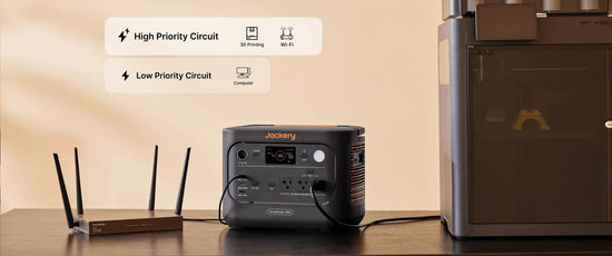 Jackery HomePower 1000 v2 keeping a Wi-Fi router and 3D printer running on its high priority circuit