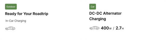Jackery HomePower 1000 v2 recharge options for in-car charging and DC-DC alternator charging at 400W