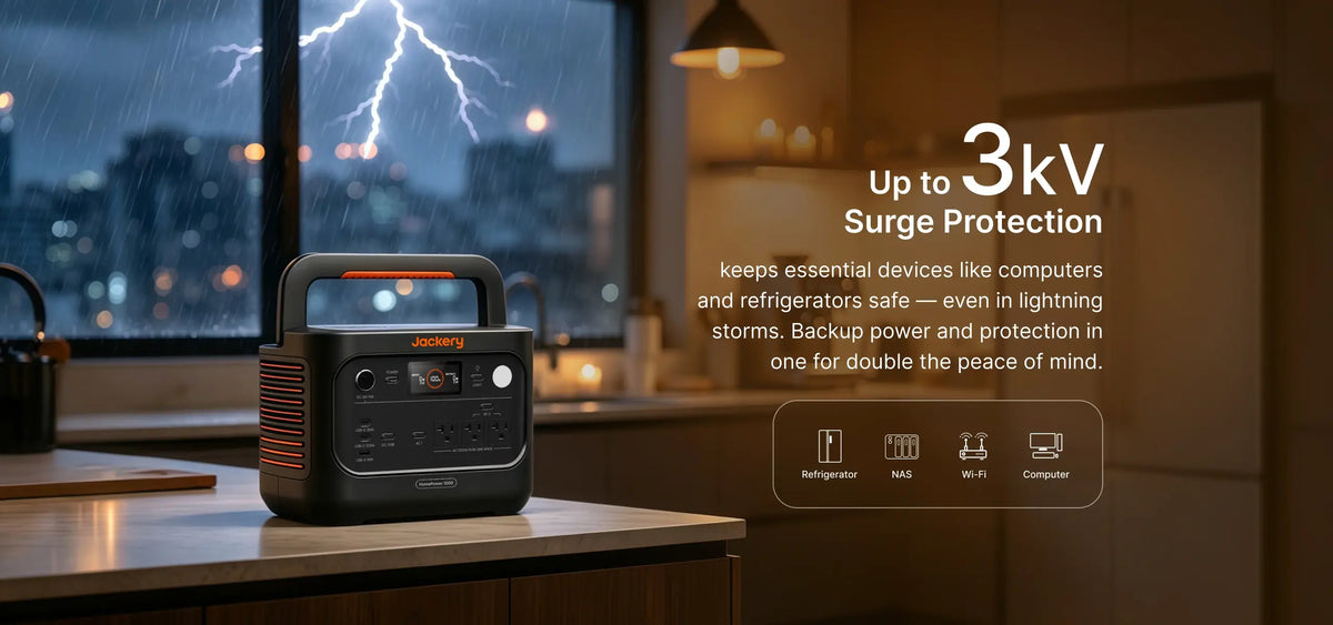 Jackery HomePower 1000 v2 on a kitchen counter during a lightning storm, highlighting 3kV surge protection