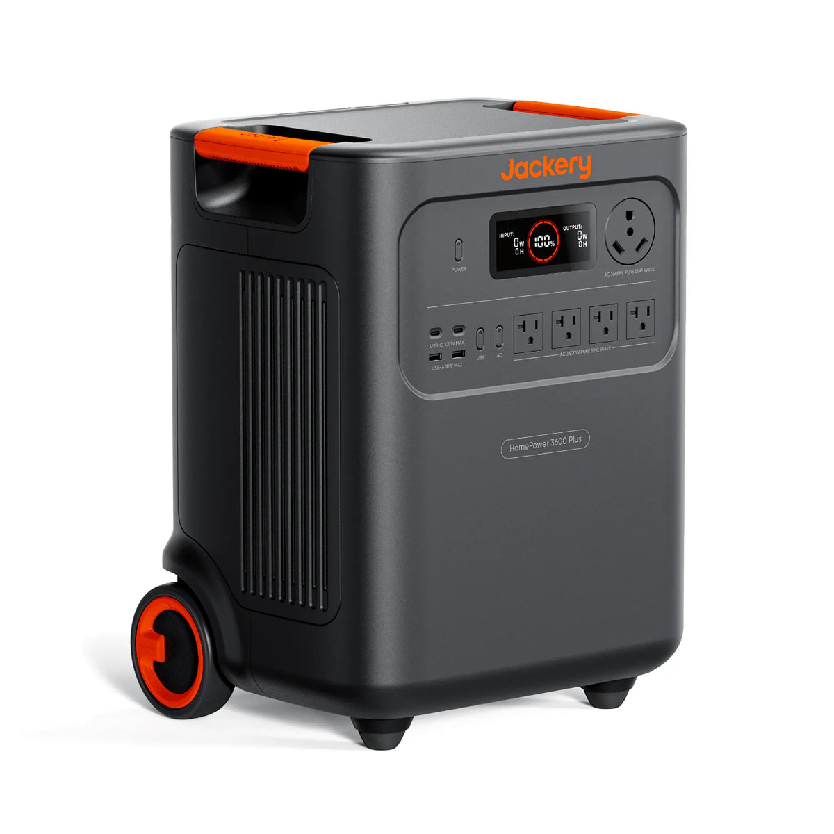 Angled view of the Jackery HomePower 3600 Plus with built-in wheels, carry handles and side vent