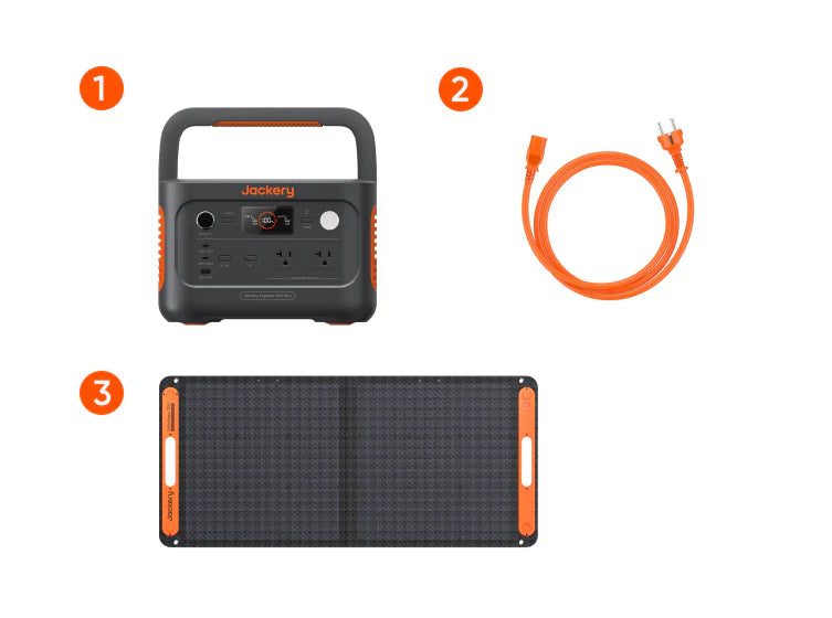 Jackery Solar Generator 600 Plus package contents — power station, AC charging cable, and 100W SolarSaga panel