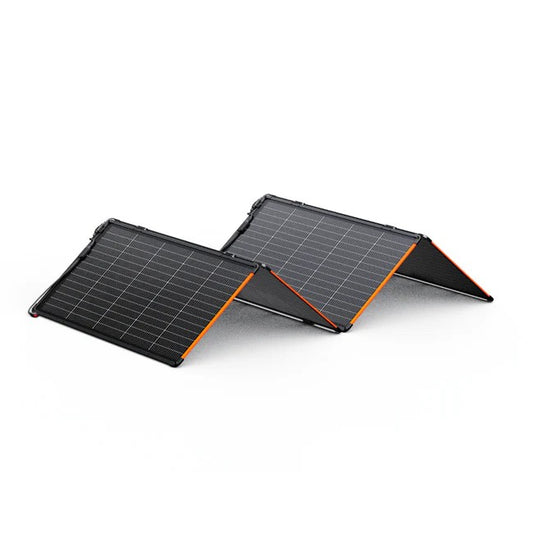 Jackery SolarSaga 340X solar panels folded out in a freestanding configuration for outdoor charging.
