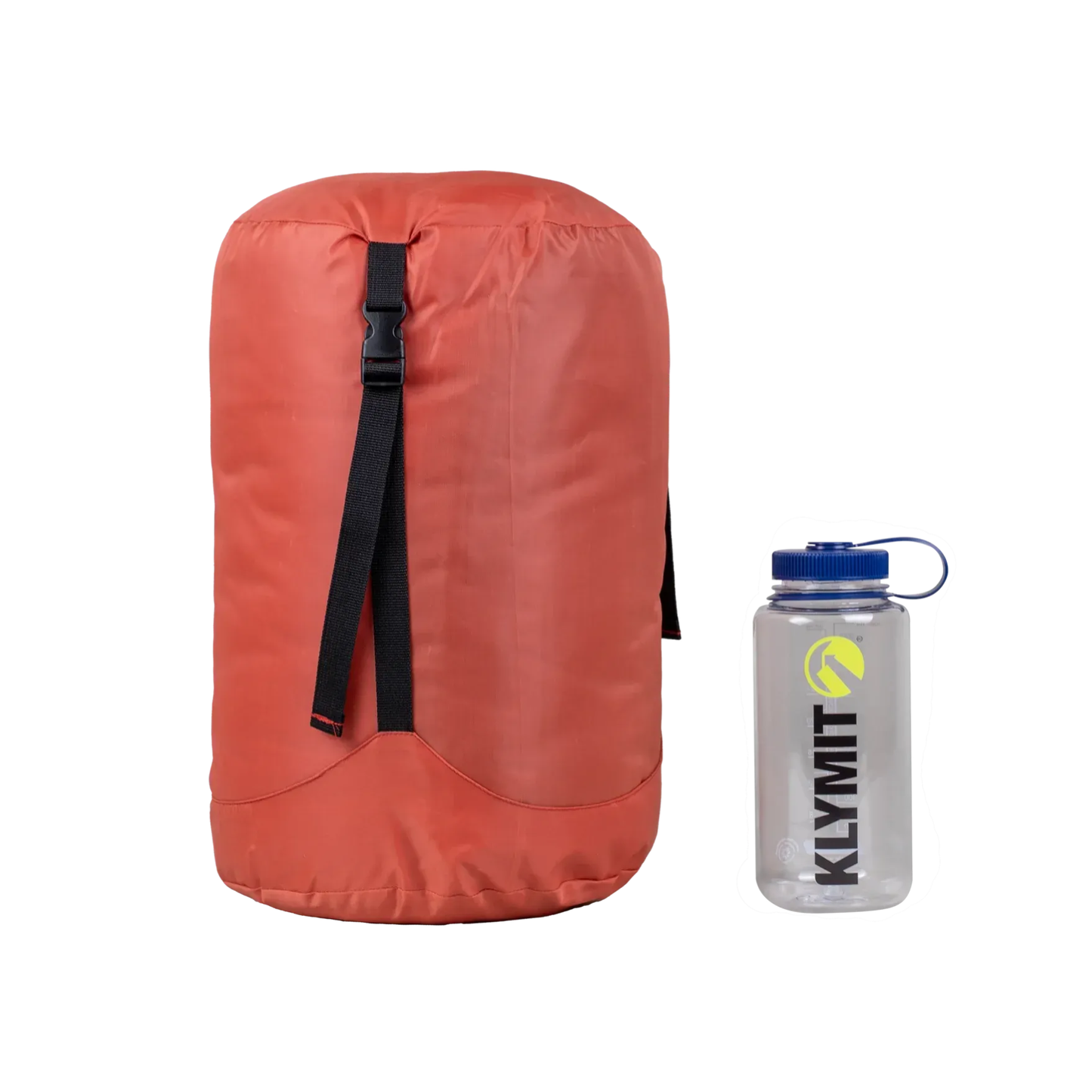 Klymit Bozeman 35 Large sleeping bag packed in compression sack next to water bottle for size comparison