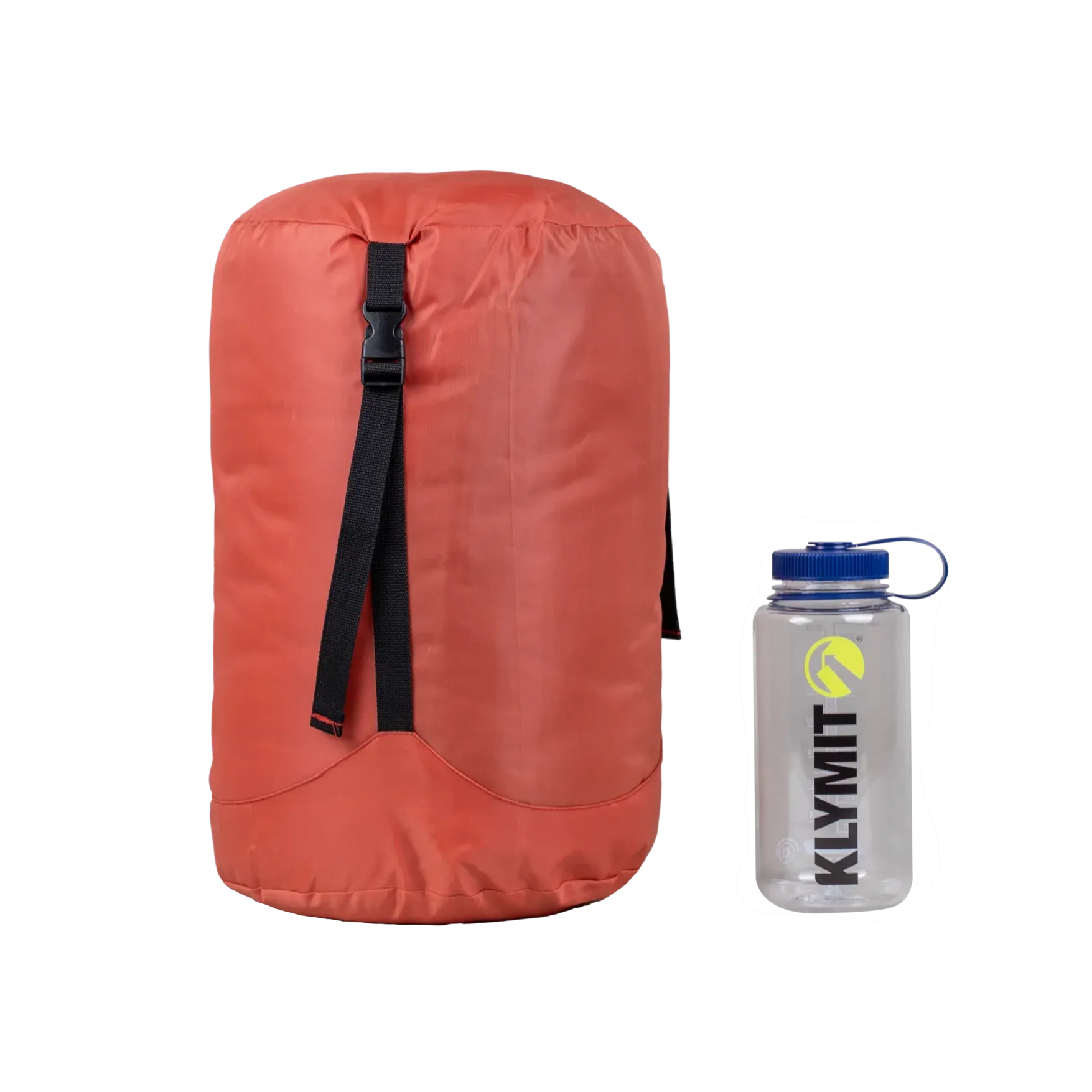 Klymit Bozeman 35 Large sleeping bag packed in compression sack next to water bottle for size comparison